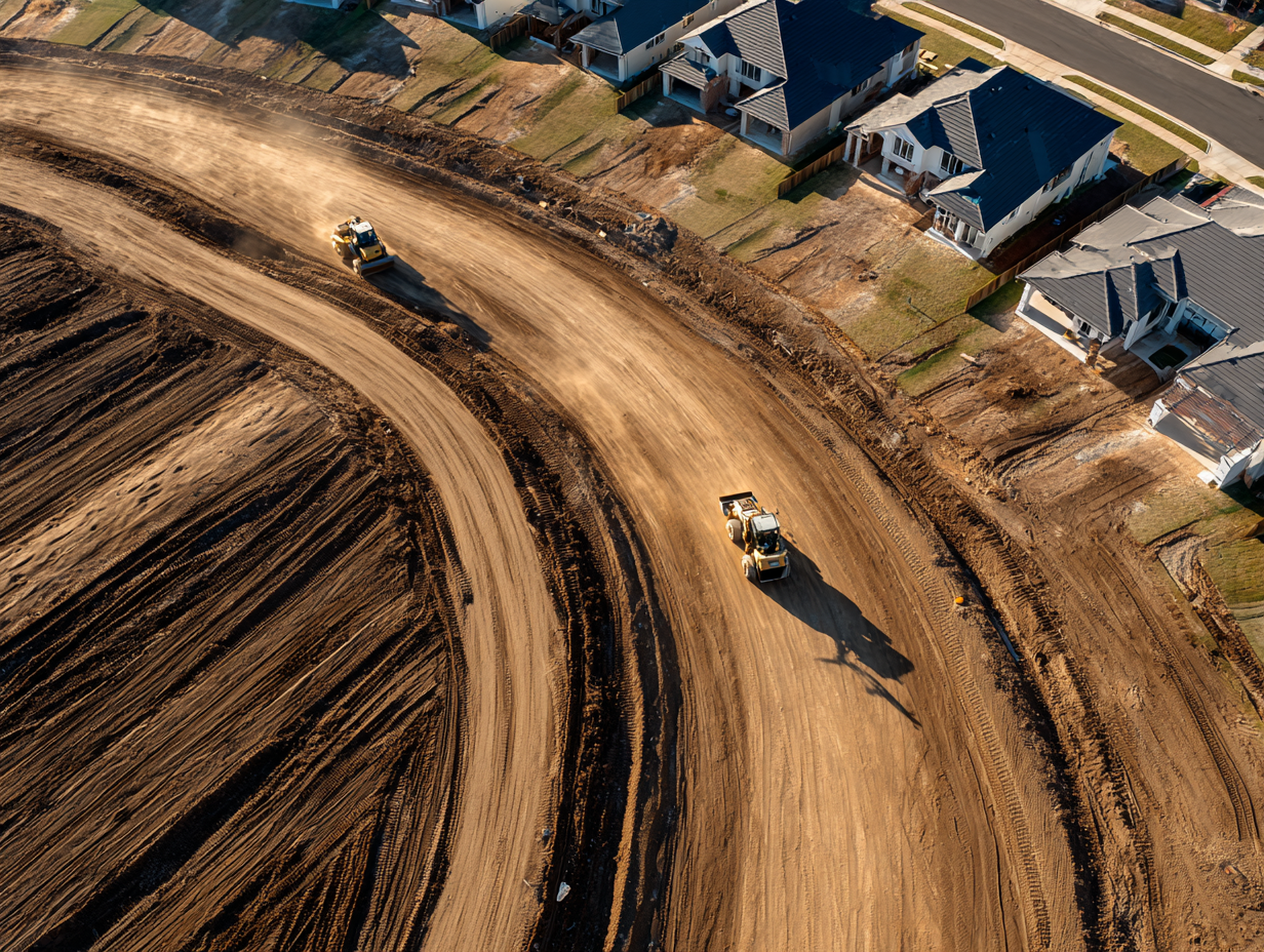 Aerial view of land development and infrastructure works